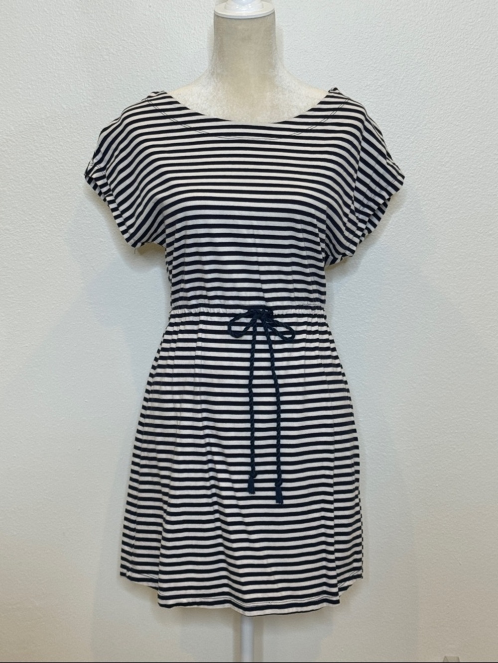 Striped Navy and White Drawstring Waist Dress